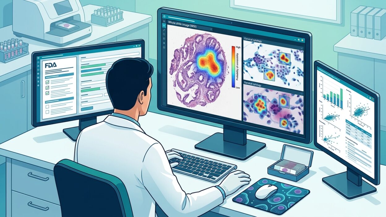 صورة مختبر باثولوجي رقمي تعرض شرائح WSI مع طبقات ذكاء اصطناعي وواجهة مراجعة تنظيمية من FDA