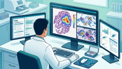 صورة مختبر باثولوجي رقمي تعرض شرائح WSI مع طبقات ذكاء اصطناعي وواجهة مراجعة تنظيمية من FDA