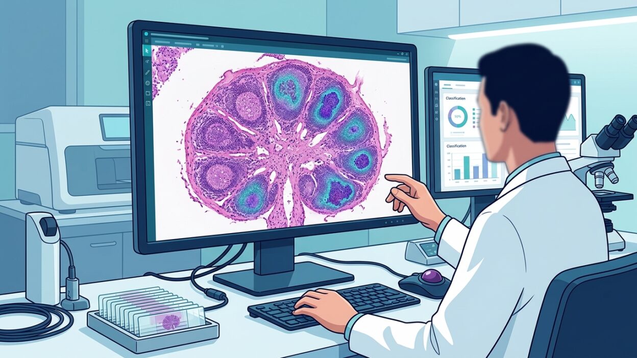 صورة رقمية لشريحة عقدة لمفاوية مع خريطة حرارية لكشف نقائل سرطانية بواسطة MetAssist 2.0