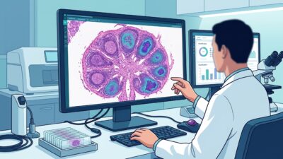 صورة رقمية لشريحة عقدة لمفاوية مع خريطة حرارية لكشف نقائل سرطانية بواسطة MetAssist 2.0
