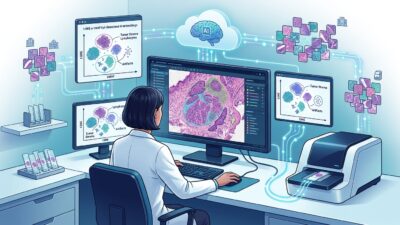 طبيب باثولوجي يراجع شرائح رقمية متعددة المراكز لتقييم متانة نماذج Foundation Models في الباثولوجي الرقمي