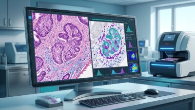صورة توضيحية للباثولوجي الرقمي تعرض H&E WSI مع طبقات virtual biomarker staining وتحليل AI للـ tumor microenvironment