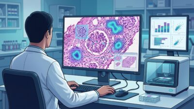 طبيب باثولوجي يراجع WSI مع طبقة AI تعرض مناطق ROI ومسار النظر داخل السلايد