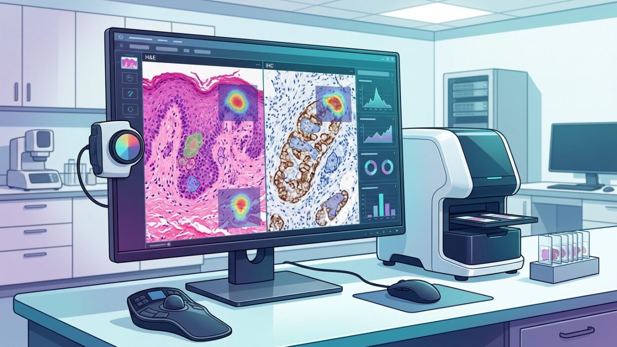 محطة عمل باثولوجي رقمي تعرض WSI مع ضبط لون لقراءة H&E وIHC