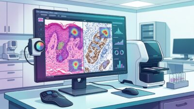 محطة عمل باثولوجي رقمي تعرض WSI مع ضبط لون لقراءة H&E وIHC
