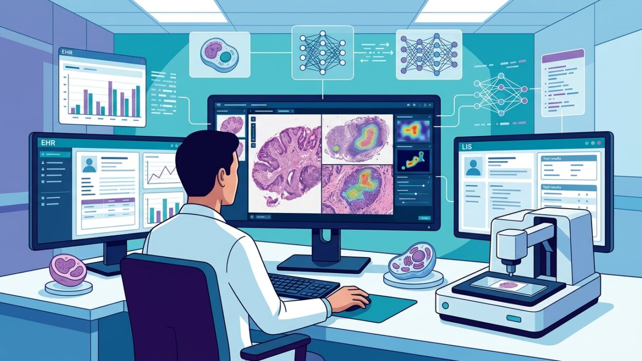طبيب باثولوجي يراجع WSI مع بيانات EHR وLIS ضمن workflow رقمي مدعوم بأدوات AI