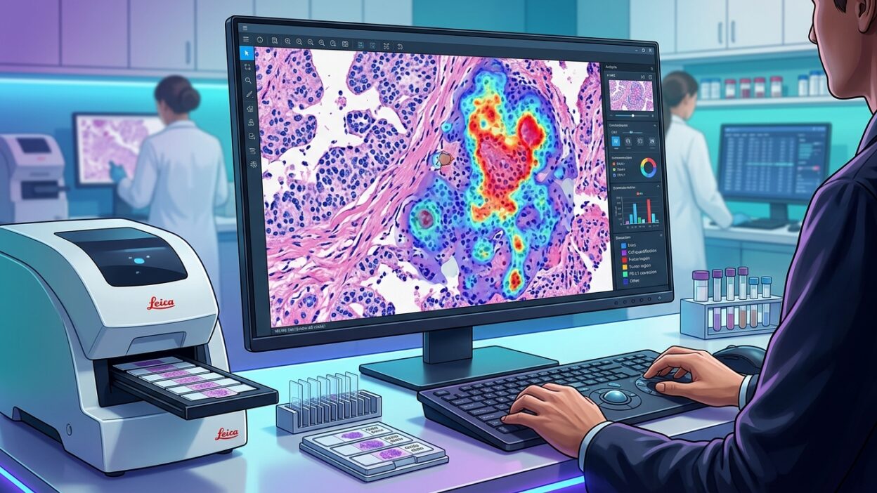صورة رقمية لشريحة H&E مع خرائط virtual biomarker staining ملوّنة يراجعها طبيب الباثولوجي على شاشة WSI.