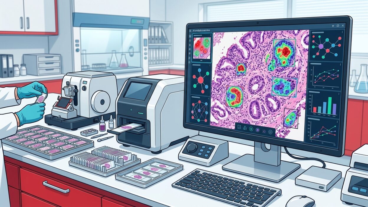 مختبر histology وشرائح رقمية توضح أهمية standardization قبل استخدام AI في الباثولوجي