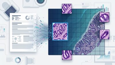رسم توضيحي مولّد بالذكاء الاصطناعي لتقرير مرضي يتحول إلى صورة نسيجية رقمية مقسمة إلى tiles؛ لا يمثل عينة مريض أو مخرجات BigCell الفعلية.