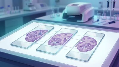 رسم توضيحي مولد بالذكاء الاصطناعي لشرائح Neuropathology متتالية ضمن دراسة biomarkers بحثية